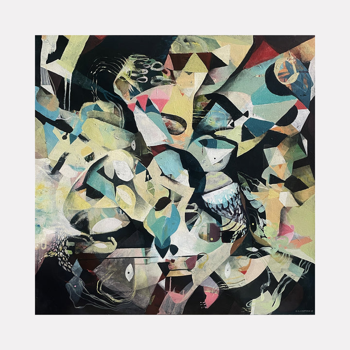 The artwork "Silence, But Still ..." by David Louis Cintron features an abstract composition with overlapping geometric shapes and organic forms in muted tones of beige, blue, pink, and black. The textured layers create a sense of depth and movement, blending fragmented patterns with flowing lines in a cubist-inspired style. David Louis Cintron.
