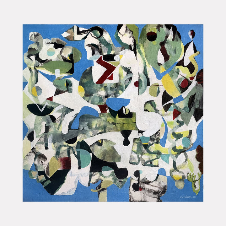 The artwork "Spring Division" features an abstract composition with organic and geometric shapes in shades of green, white, black, blue, and red, creating a complex, layered texture against a bright blue background. The painterly style blends soft and sharp edges, evoking a dynamic and vibrant spring theme. By David Louis Cintron.