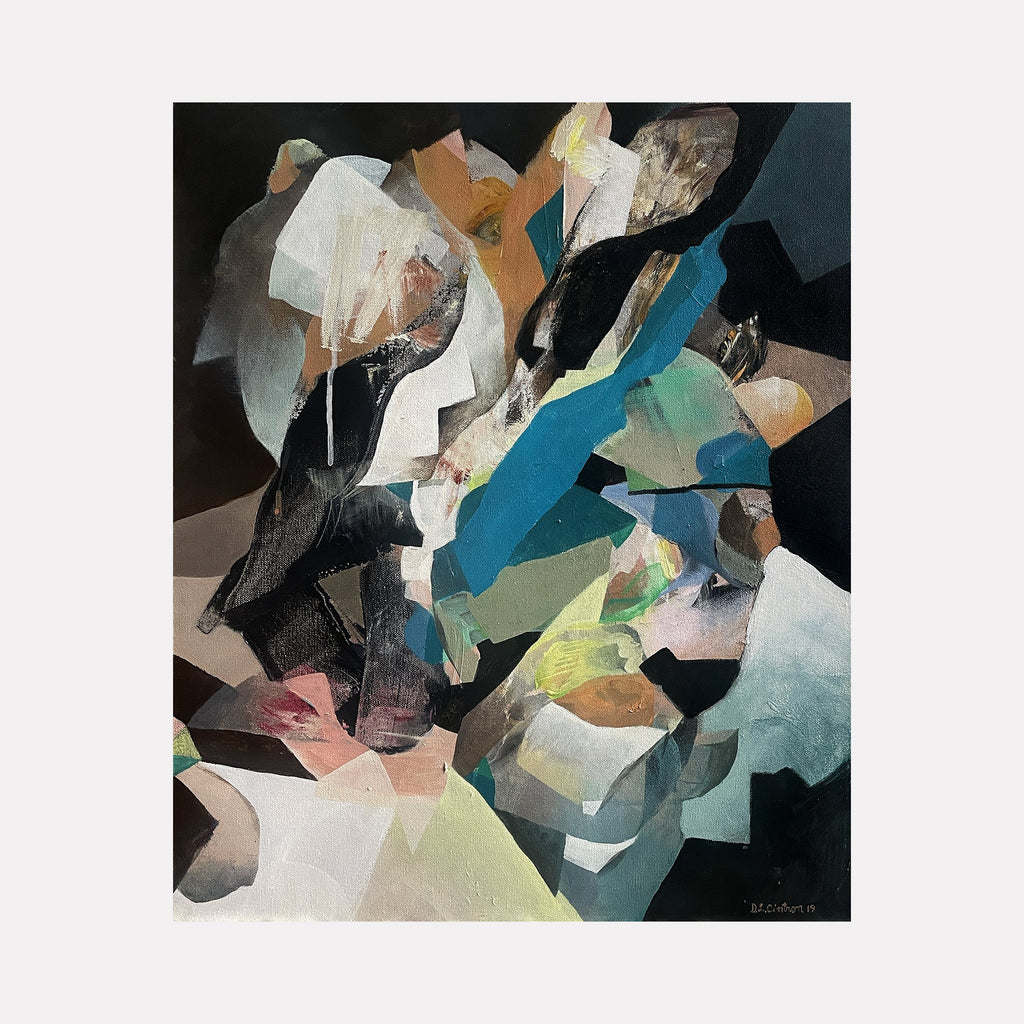 The artwork "Squall Line" features an abstract composition with layered geometric shapes and fluid forms in muted tones of black, white, blue, brown, and green, creating a dynamic textured effect. The painting exhibits a modern, expressive style with contrasting light and dark areas. By David Louis Cintron.