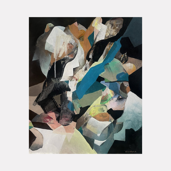 The artwork "Squall Line" features an abstract composition with layered geometric shapes and fluid forms in muted tones of black, white, blue, brown, and green, creating a dynamic textured effect. The painting exhibits a modern, expressive style with contrasting light and dark areas. By David Louis Cintron.