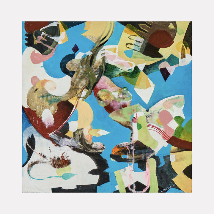 The artwork "Steps Along The Way" features an abstract composition with a vibrant mix of colors including blue, green, red, and yellow, along with dynamic shapes and layered textures that create a sense of movement and depth. The piece showcases a blend of organic and geometric forms, painted with fluid brushstrokes. David Louis Cintron.