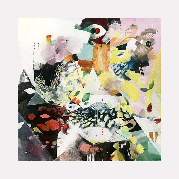 The artwork "Strange Atttractors" features an abstract composition with dynamic shapes and layered textures. It includes geometric forms, organic patterns, and eye-like motifs rendered in muted tones of yellow, green, black, pink, and white. The piece has painterly brushstrokes and a surreal atmosphere. By David Louis Cintron.