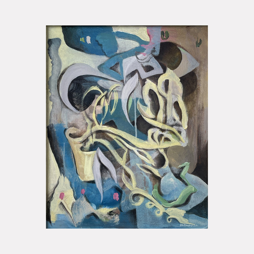 The artwork "String of Dolphins" features abstract shapes and flowing forms in muted tones of blue, beige, and green, evoking the delicate, twisting leaves of the string of dolphins plant. The textured brushstrokes create a surreal, organic composition with soft, intertwined lines and shadowed depth. By David Louis Cintron.