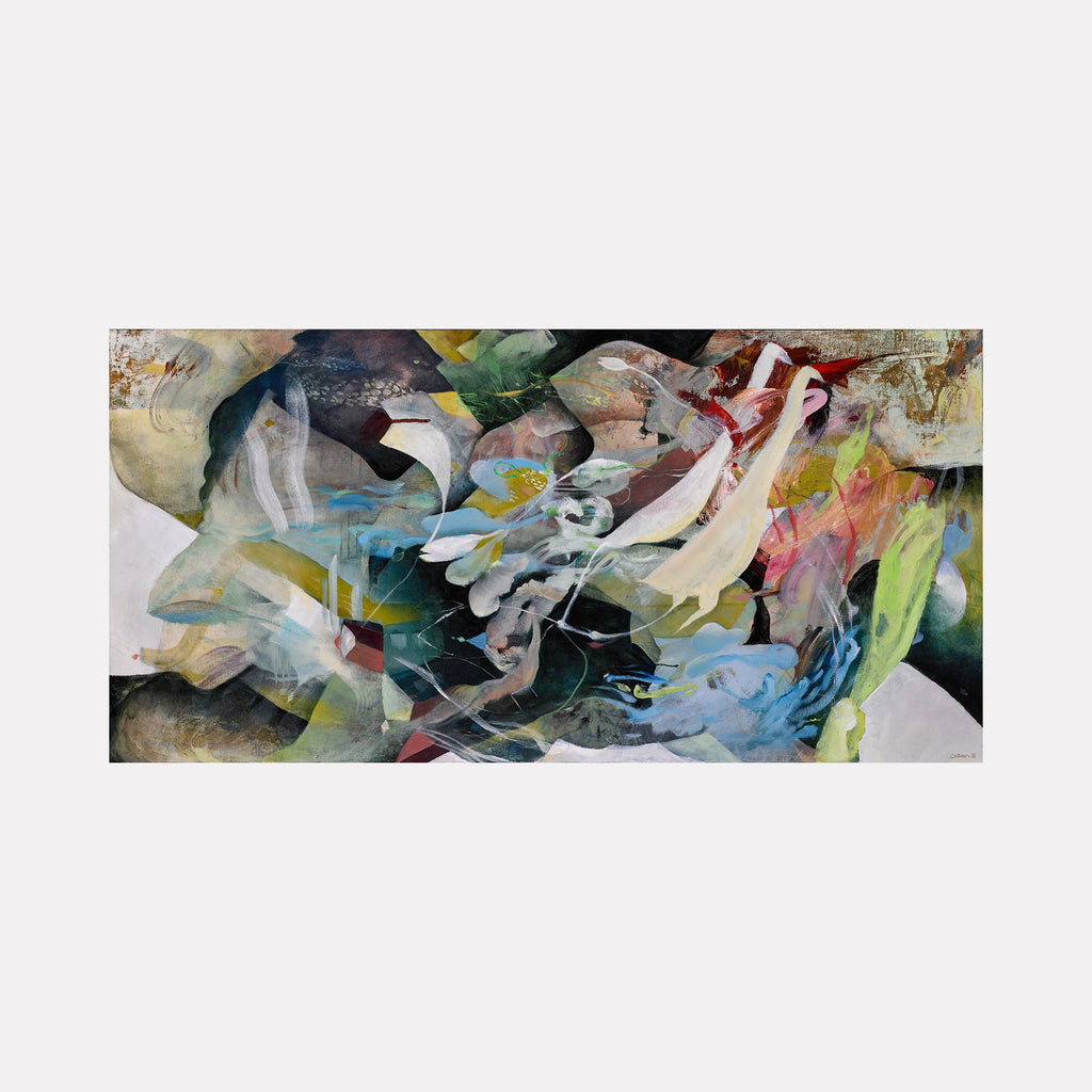 The artwork "Under the Lake" features a dynamic abstract composition with flowing, layered shapes in muted blues, greens, and earth tones, evoking an underwater scene. The textured brushstrokes blend soft and sharp edges with hints of white, yellow, and red accents, creating depth and movement. By David Louis Cintron.
