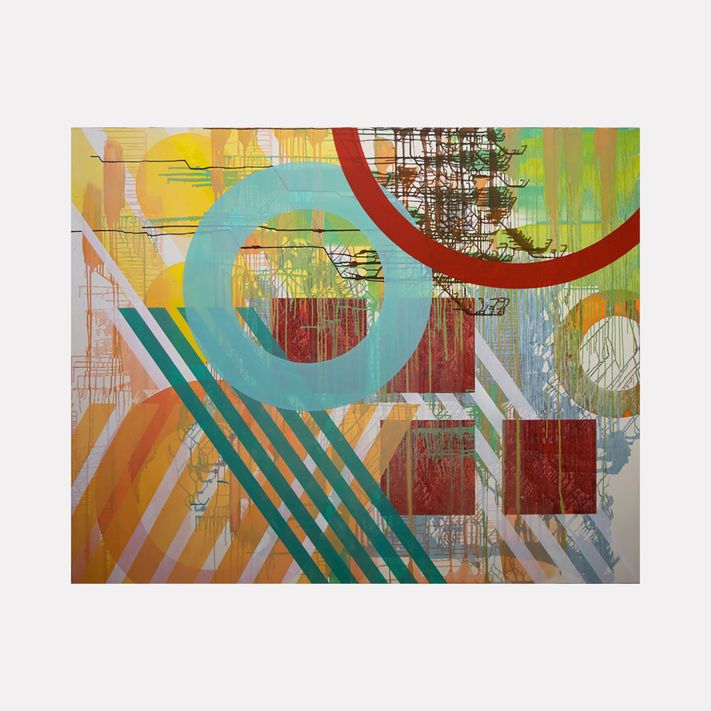 The artwork "Circuit" by Linda Schmidt features an energetic abstract composition with overlapping geometric shapes including circles, squares, and diagonal stripes in vibrant hues of red, teal, yellow, and green. The layered textures and linear patterns evoke the dynamic complexity of Kandinsky’s abstract works and the bold color contrasts reminiscent of Sonia Delaunay’s modernist style.