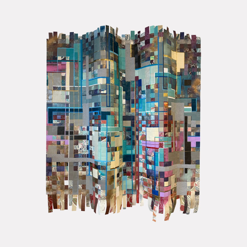 City Life by Shiri Phillips features a complex mosaic of overlapping rectangular shapes in cool blues, purples, and neutral tones, with reflective metallic highlights. The layered composition and fragmented edges evoke the dynamic, multifaceted energy of urban environments through a contemporary abstract lens.