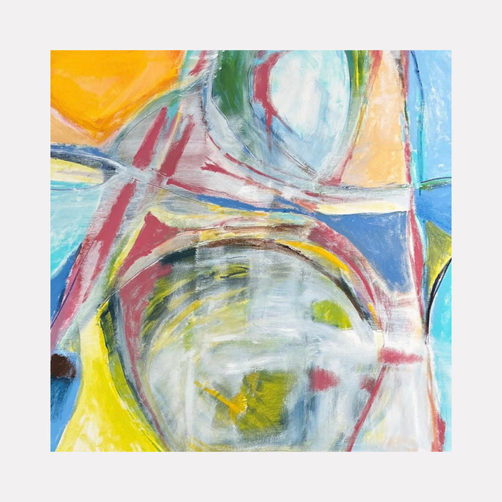 The artwork "Cleopatra" features an abstract composition with swirling shapes and dynamic brushstrokes in a mix of soft blues, yellows, reds, and greens. The textured layering and fluid forms suggest motion and depth, capturing an expressive and modern artistic style. By Beth Barry.