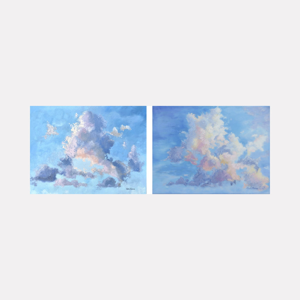 The artwork "Cloud Study Diptych" by Carla Thomson features two panels depicting soft, billowing clouds set against vibrant blue skies. The ethereal textures and pastel hues evoke the dreamy quality of Impressionist painters like Claude Monet, while the detailed, delicate cloud formations recall the atmospheric studies of J.M.W. Turner.