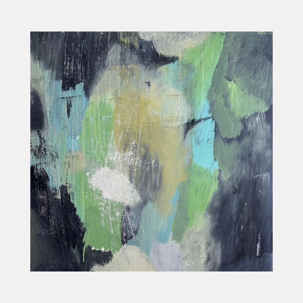 Clouds In a Dream by Tammy Kushnir features abstract brushstrokes in mint green, turquoise, and charcoal gray with ethereal white accents on canvas