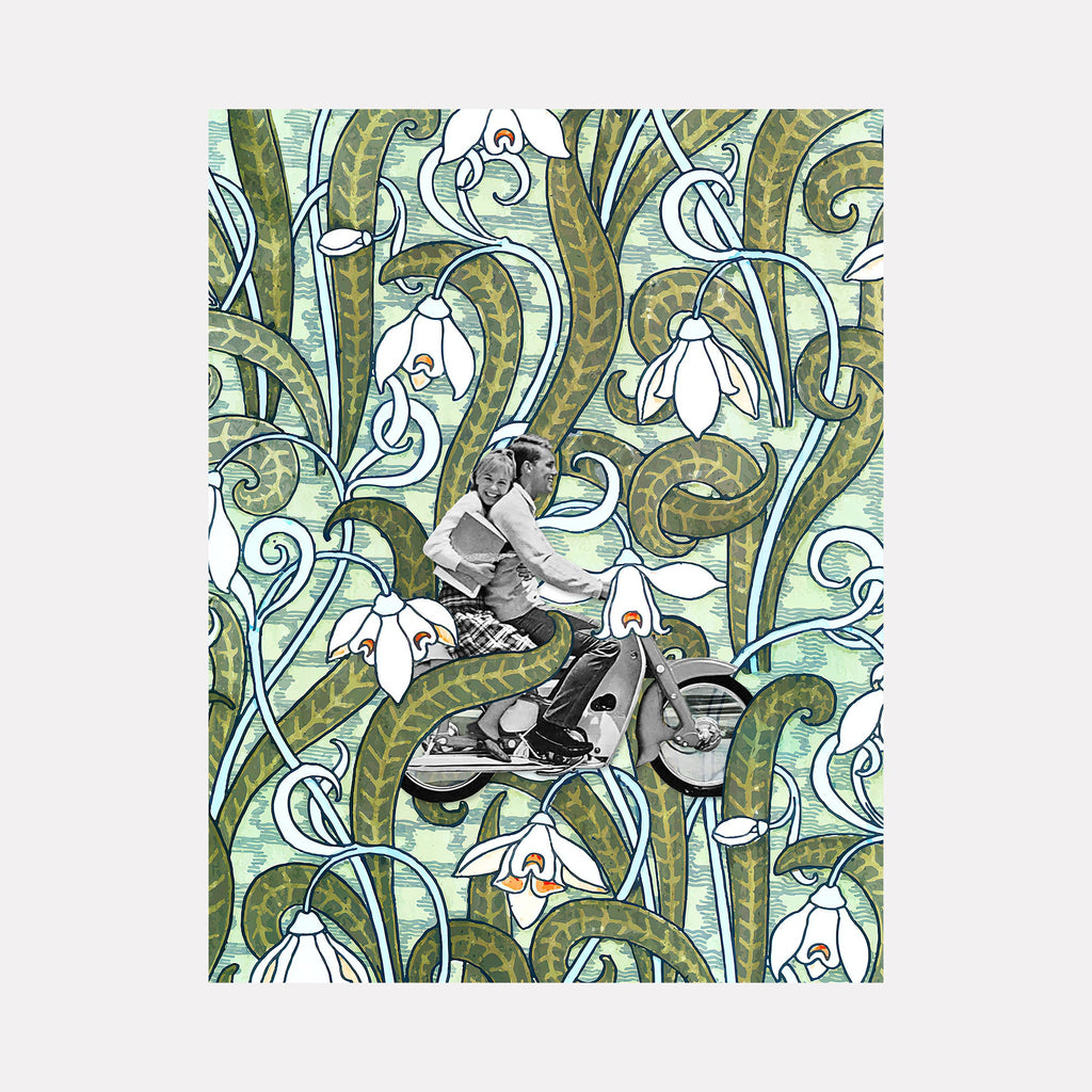 The artwork "Co-Eds" by Theresa Gooby features a retro-style black and white image of two people riding a scooter amidst a dense, whimsical background of large green and yellow curling vines and white bell-shaped flowers with orange accents. The intricate, textured botanical elements contrast with the smooth, vintage scooter and riders. Theresa Gooby