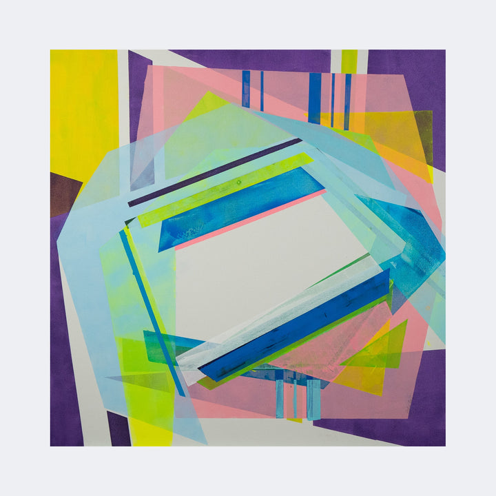 The artwork "Cocoon" by Lisa Petker Mintz features overlapping geometric shapes in vibrant shades of blue, green, pink, yellow, and purple. The composition employs layered translucent rectangles and trapezoids, creating dynamic depth and movement reminiscent of the abstract styles of Sonia Delaunay and Josef Albers.