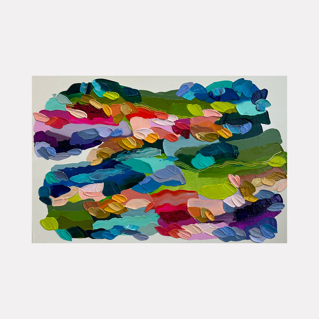 Color Field by Shiri Phillips reveals a textured landscape of undulating, layered brushstrokes in vibrant blues, greens, reds, pinks, and purples. The painting combines thick, sweeping shapes with soft transitions, creating a harmonious balance of energetic color movement and tactile depth in a contemporary abstract expression.