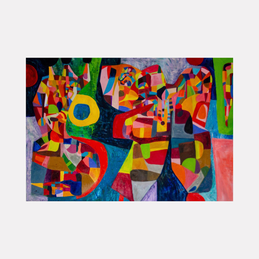 The artwork "Color my beauty" features an abstract composition of geometric shapes and vibrant colors including red, blue, yellow, green, and orange, arranged in a dynamic, textured pattern with overlapping forms that create a sense of depth and movement. The style is modern and expressive by Jennifer Levine.