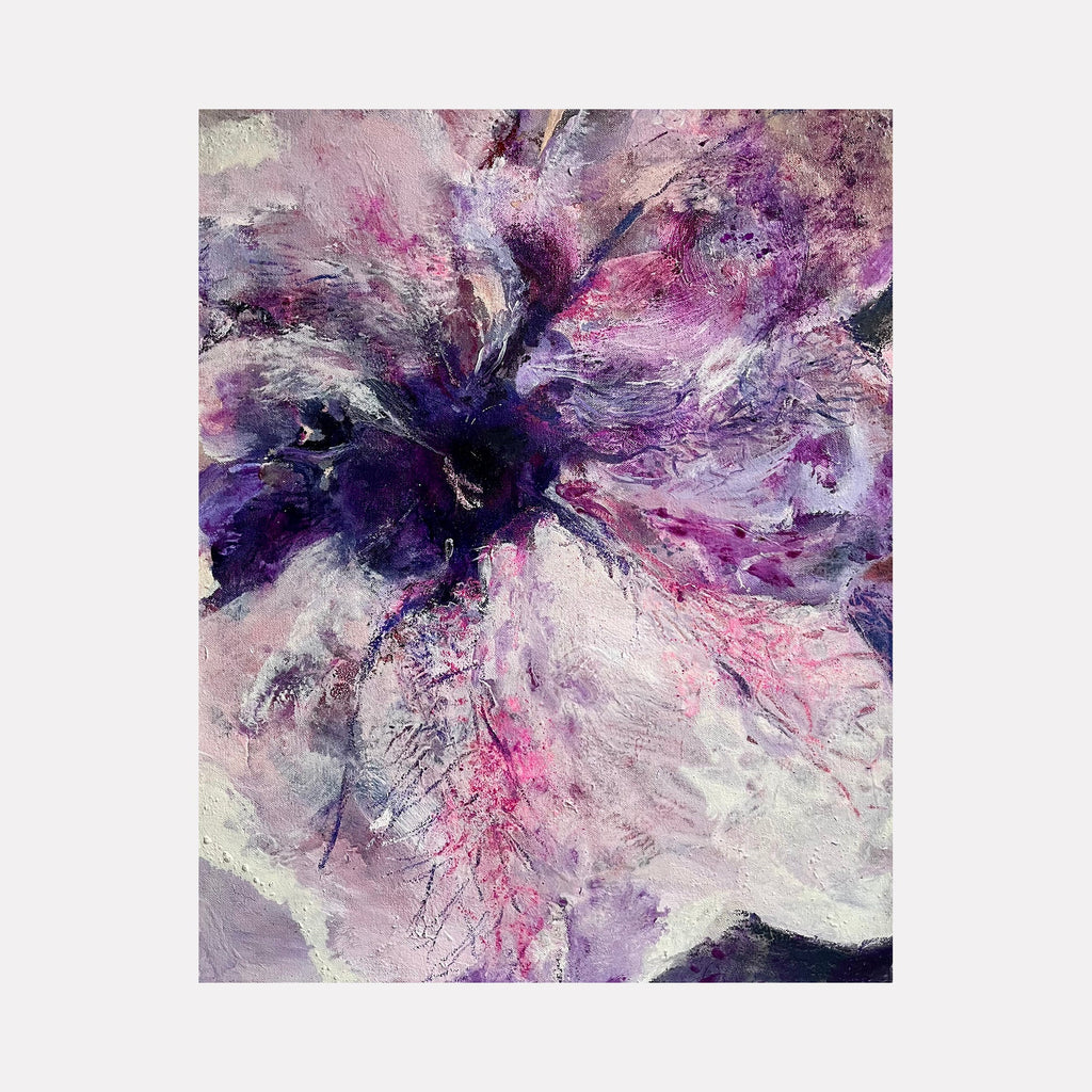 The artwork "Come Hither" by Molly Herman features an abstract floral-inspired composition with textured layers in shades of purple, lavender, pink, and hints of white and black. The delicate, branching forms and fluid brushstrokes evoke a sense of organic growth, reminiscent of the atmospheric abstractions found in Georgia O'Keeffe and Helen Frankenthaler’s works.