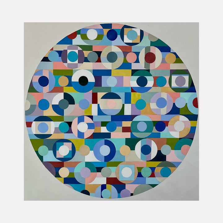 The artwork "Come Full Circle" by Benna Holden features a large circular composition filled with overlapping geometric shapes including circles, squares, and rectangles in a harmonious blend of pastel and bold colors. The style is reminiscent of Bauhaus and Sonia Delaunay’s abstract, rhythmical color play with a modern, structured texture.