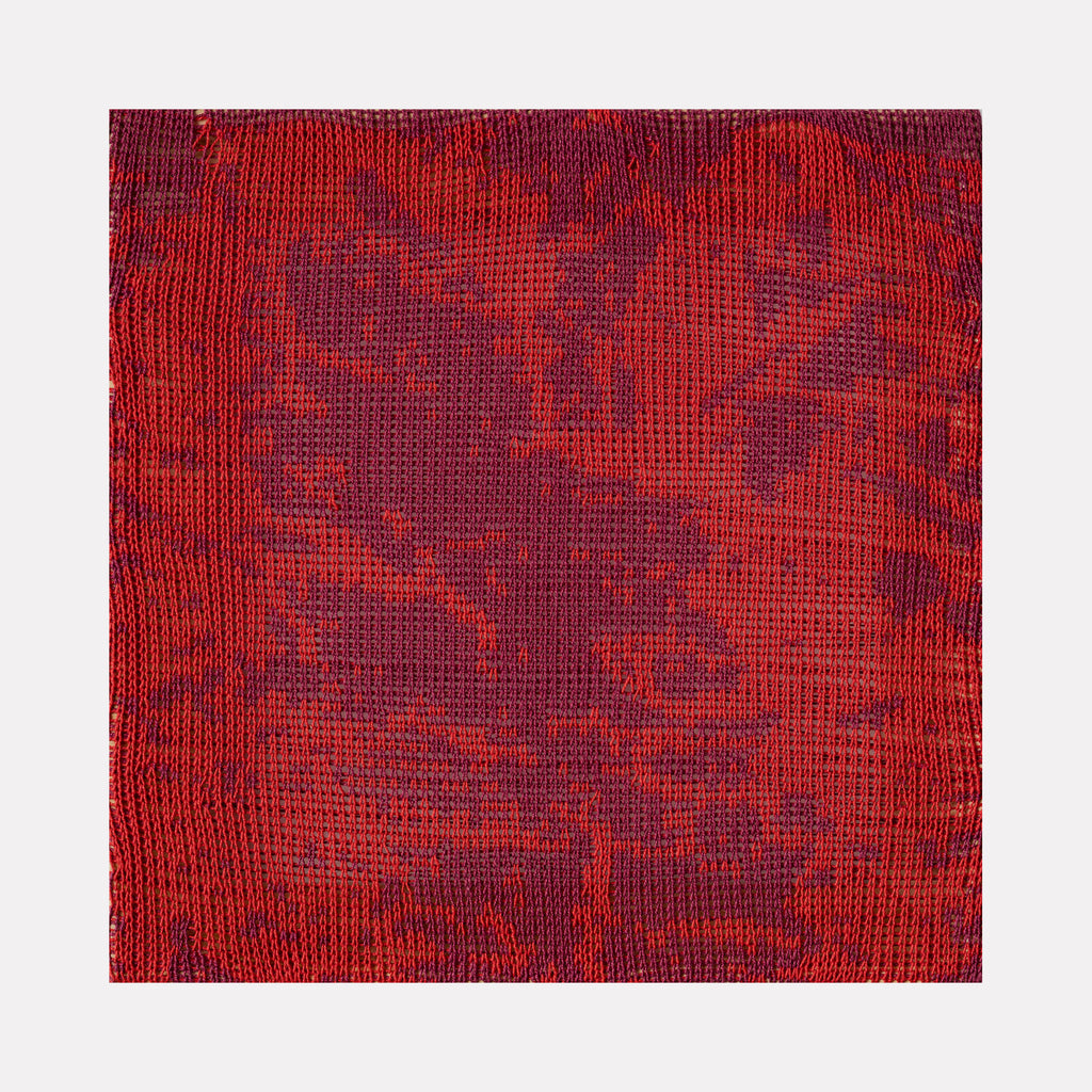 Computational Bark (#1) by Craftwork presents an abstract textile artwork blending deep reds and purples with intricate woven textures, evoking organic patterns and a tactile sense of depth in a bold, contemporary art piece.
