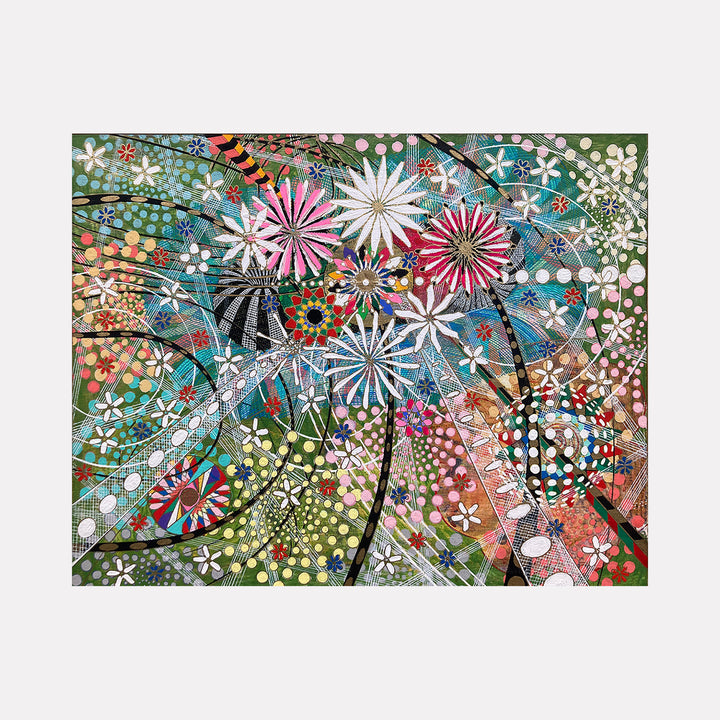 The artwork "CONSCIOUSNESS AND SUBCONSCIOUSNESS" by Amy Cheng features an intricate abstract composition with overlapping floral and circular motifs in white, pink, red, and green hues. The dynamic lines and detailed dot patterns evoke the energetic precision of Yayoi Kusama and the colorful complexity seen in Gustav Klimt’s ornamentation, blending texture and movement.