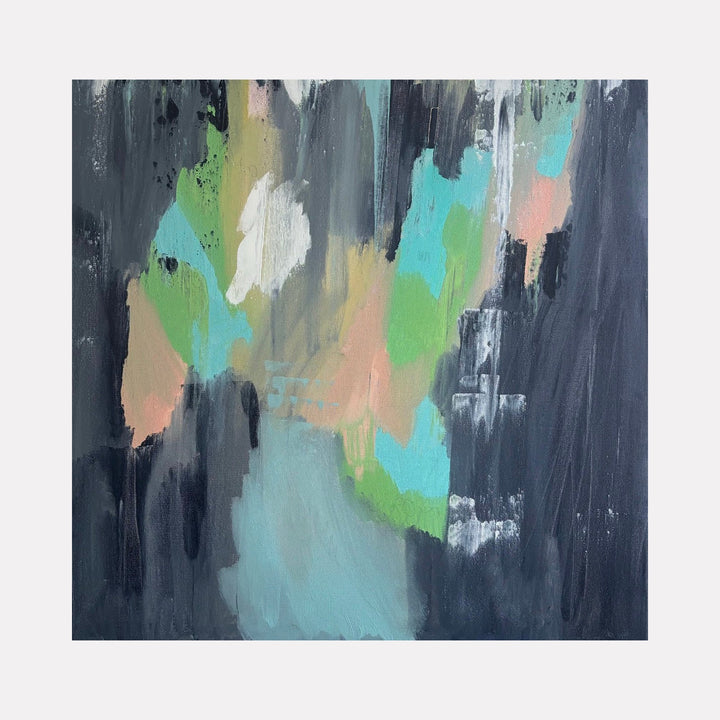Conundrum by Tammy Kushnir features abstract brushstrokes in mint, peach and sage green against a moody charcoal background with ethereal blending