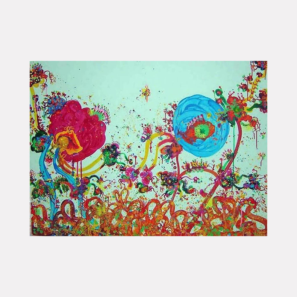 The artwork "Conversation with Nature" by Avani Patel features an abstract composition with vibrant bursts of red, blue, and green floral shapes intertwined with whimsical, curling lines on a soft turquoise background. The energetic splatters and organic forms evoke the playful abstraction of Joan Miró and the vivid color contrasts of Wassily Kandinsky.