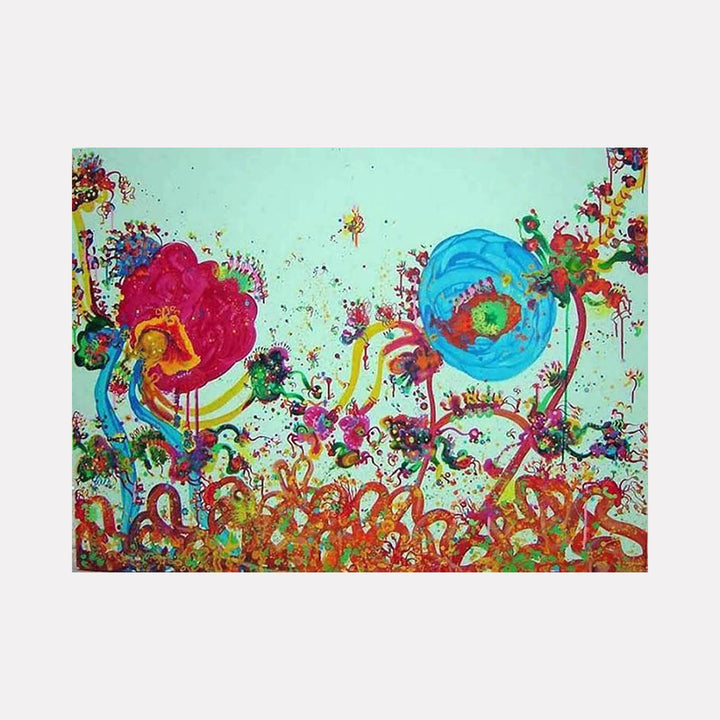 The artwork "Conversation with Nature" by Avani Patel features an abstract composition with vibrant bursts of red, blue, and green floral shapes intertwined with whimsical, curling lines on a soft turquoise background. The energetic splatters and organic forms evoke the playful abstraction of Joan Miró and the vivid color contrasts of Wassily Kandinsky.