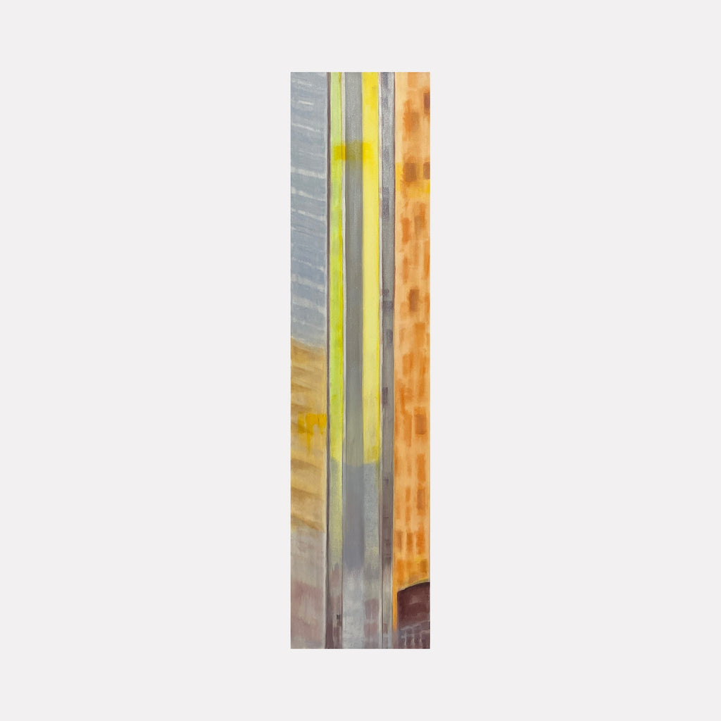 The artwork "Lemon-Lime" by Cora Jane Glasser features a tall, narrow composition with vertical bands of muted grays, yellows, and warm orange-browns. The subtle textures and translucent layers evoke a minimalist, architectural abstraction with influences from Agnes Martin’s grid-like subtlety and Mark Rothko’s color field intensity.