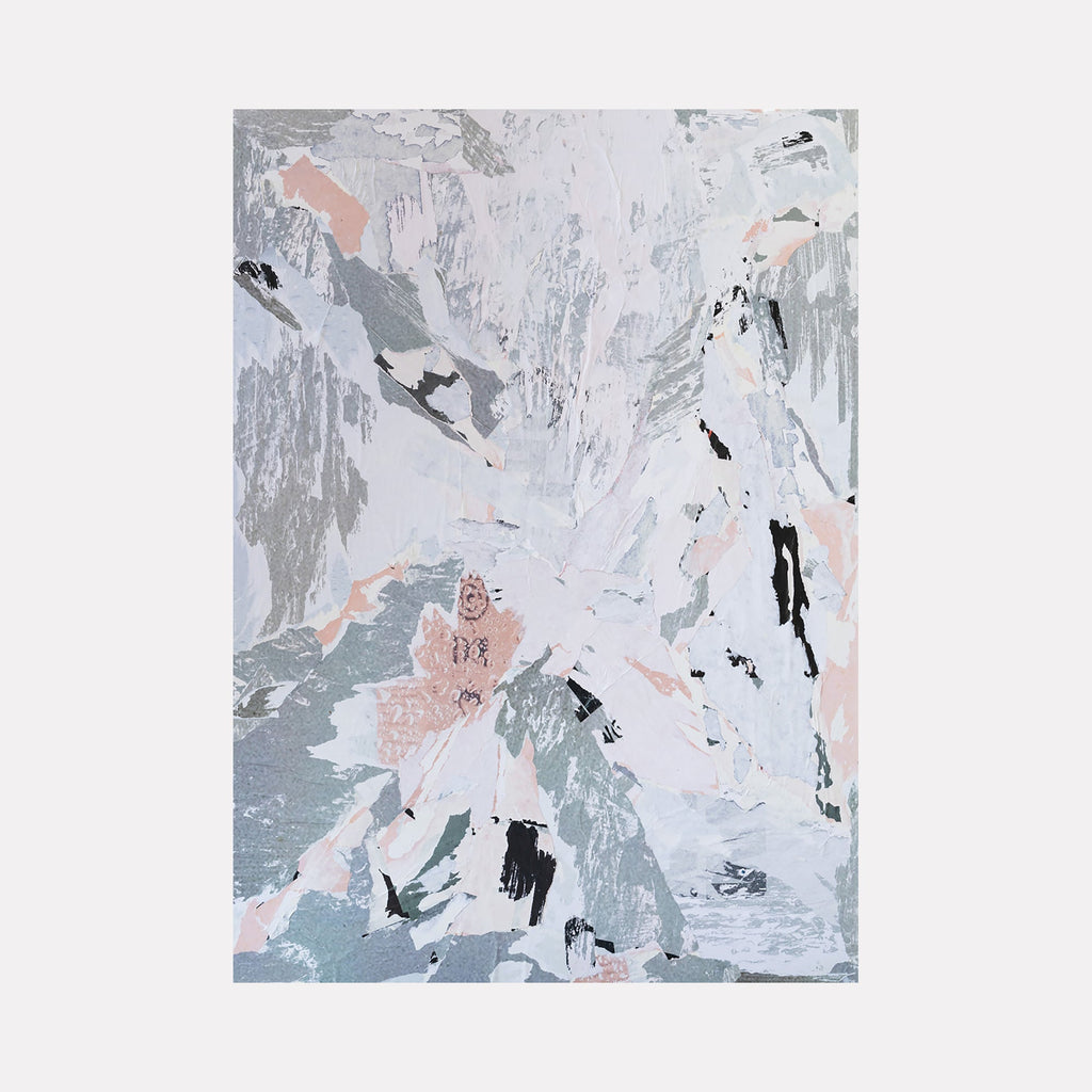 The artwork "Coral Grey" by Amy Turner features a layered abstract composition with soft coral, muted grays, whites, and subtle black accents. Textured brushstrokes and organic shapes evoke a sense of delicate movement and natural erosion, reminiscent of the serene abstractions by Helen Frankenthaler and the subtle palettes of Mark Rothko.