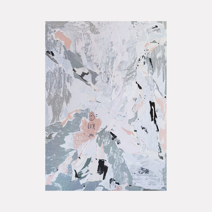The artwork "Coral Grey" by Amy Turner features a layered abstract composition with soft coral, muted grays, whites, and subtle black accents. Textured brushstrokes and organic shapes evoke a sense of delicate movement and natural erosion, reminiscent of the serene abstractions by Helen Frankenthaler and the subtle palettes of Mark Rothko.