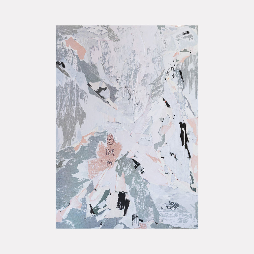 The artwork "Coral Grey" features an abstract composition with textured layers of muted grey, soft coral, white, and black brushstrokes, creating dynamic shapes and organic forms that evoke a natural, weathered surface. The blend of colors and textures gives the piece a serene yet complex aesthetic. By Amy Turner.