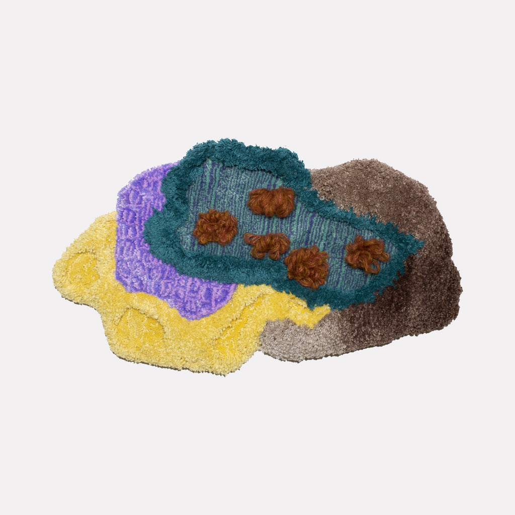 The artwork "Coral Reef View 02" by Abigail Henthorne features textured, layered forms in muted yellow, lavender, brown, and teal with small coral-like brown clusters. The abstract composition evokes the organic shapes and tactile depth reminiscent of Eva Hesse’s sculptures and the color fields of Helen Frankenthaler’s paintings.
