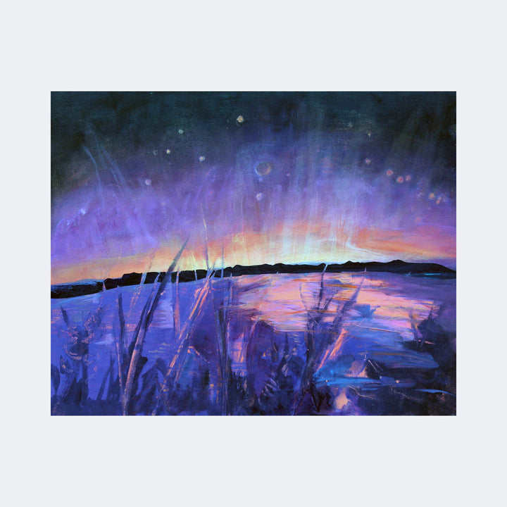 The artwork "Cosmic Contemplation" by Carla Forrest depicts a serene lakeside scene at twilight, featuring tall grasses in the foreground with a reflective body of water and distant dark hills. The sky transitions from deep blue to warm orange hues, evoking styles reminiscent of Van Gogh's expressive brushwork and the atmospheric color palette of J.M.W. Turner.