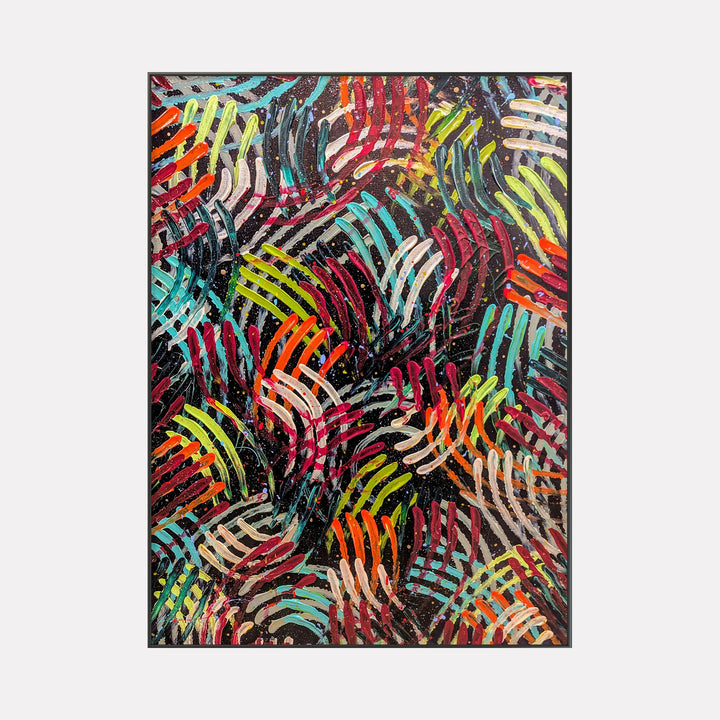 The artwork "Cosmic Dance" by Hillary Hany showcases a vibrant array of curved brushstrokes in bright reds, blues, greens, yellows, and whites layered over a dark background. The energetic, rhythmic composition evokes the dynamic abstraction of Wassily Kandinsky and the playful repetition found in Yayoi Kusama's patterns.