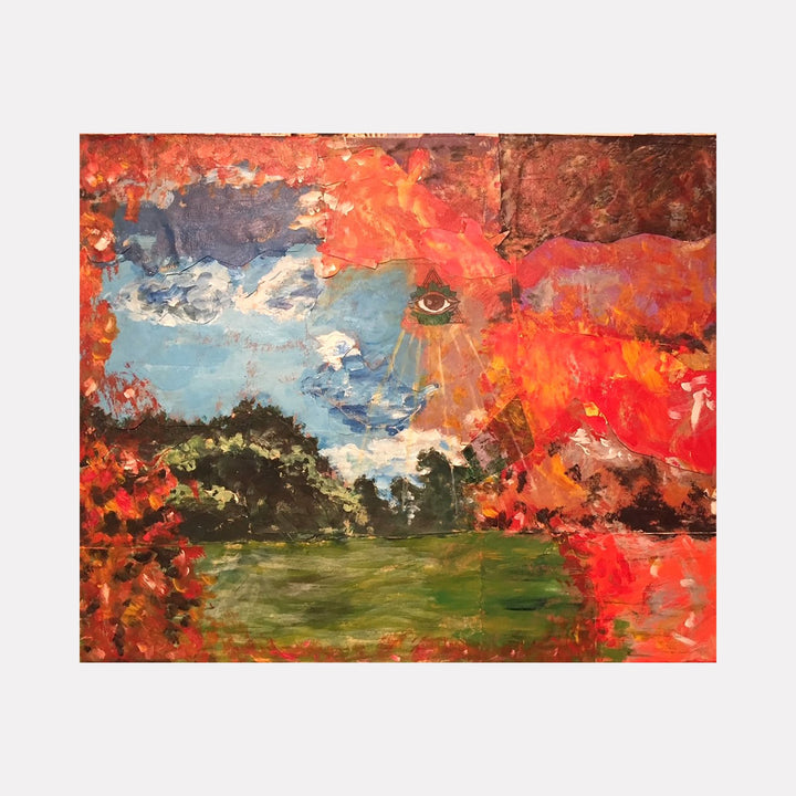The artwork "Cosmic Karma" by Robert Dec features a vibrant blend of fiery reds, oranges, and deep greens creating a surreal landscape with an abstract human face emerging from the flames. The textured brushstrokes and bold color contrasts evoke the expressive style of artists like Francis Bacon and Mark Rothko, emphasizing cosmic and karmic themes. Robert Dec