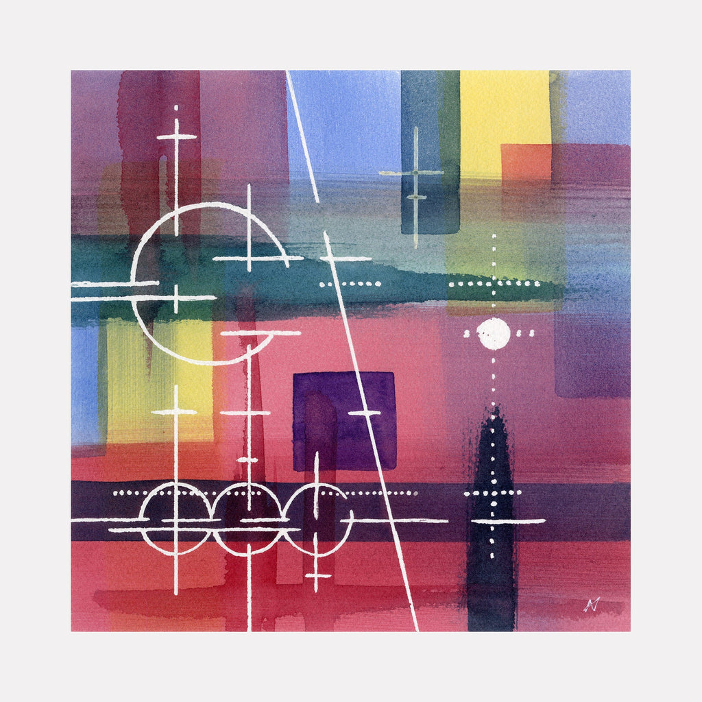 The artwork 'Cosmic Symphony' by Arthur Norcome features abstract geometric shapes in vibrant watercolors. White circular and linear elements float against a backdrop of overlapping translucent rectangles in deep purple, coral red, yellow and azure blue. The composition suggests celestial movements with dotted patterns and intersecting lines creating a rhythmic, space-inspired design.