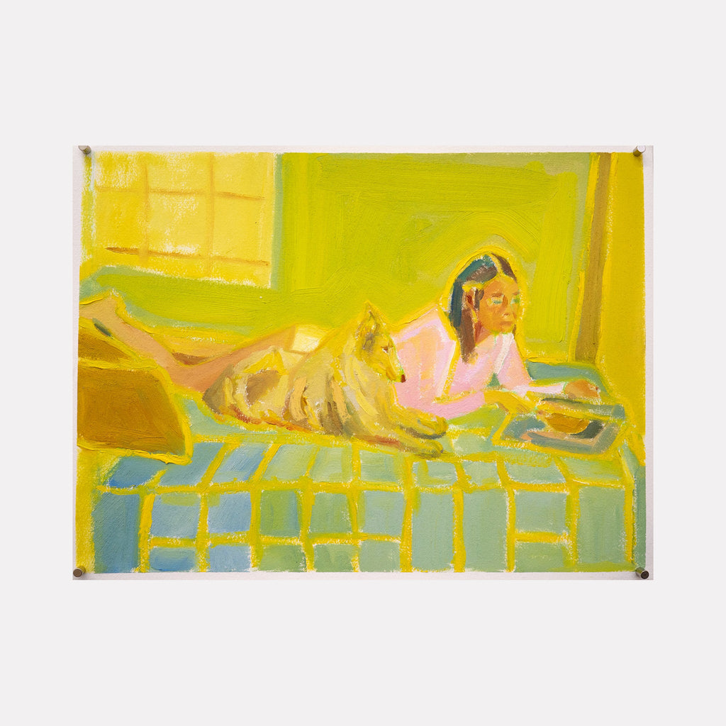 The artwork "Couch Poems [reading in the afternoon with Ladybird]" depicts a relaxed scene with soft, warm yellow and green hues, featuring a person lying on a checkered couch accompanied by a golden dog. The textured brushstrokes and impressionistic style evoke a calm, cozy afternoon atmosphere. By Chelsie Sunde.