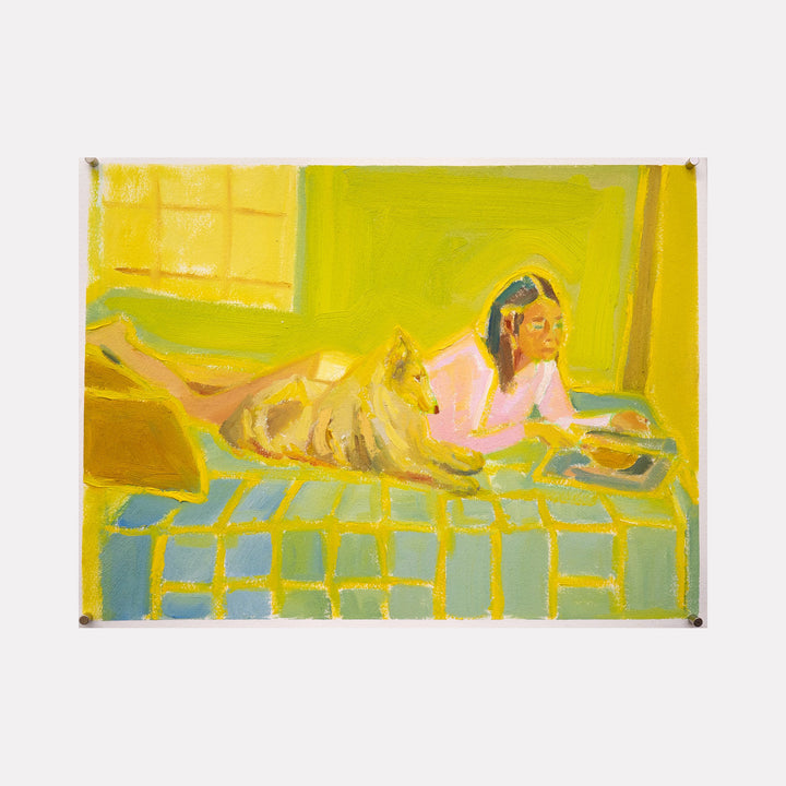 The artwork "Couch Poems [reading in the afternoon with Ladybird]" depicts a relaxed scene with soft, warm yellow and green hues, featuring a person lying on a checkered couch accompanied by a golden dog. The textured brushstrokes and impressionistic style evoke a calm, cozy afternoon atmosphere. By Chelsie Sunde.