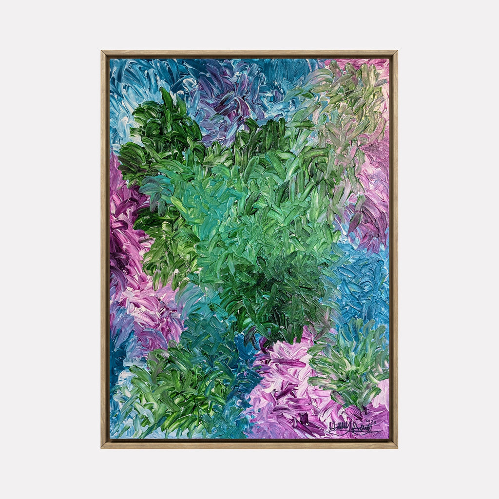 The artwork "Craving Inner Peace" by Hillary Hany features a vibrant expressionist composition with thick, textured brushstrokes in lush greens, blues, purples, and touches of pink. The layered foliage-like forms evoke the emotional intensity and depth found in the works of Van Gogh and the vivid abstraction of Joan Mitchell.