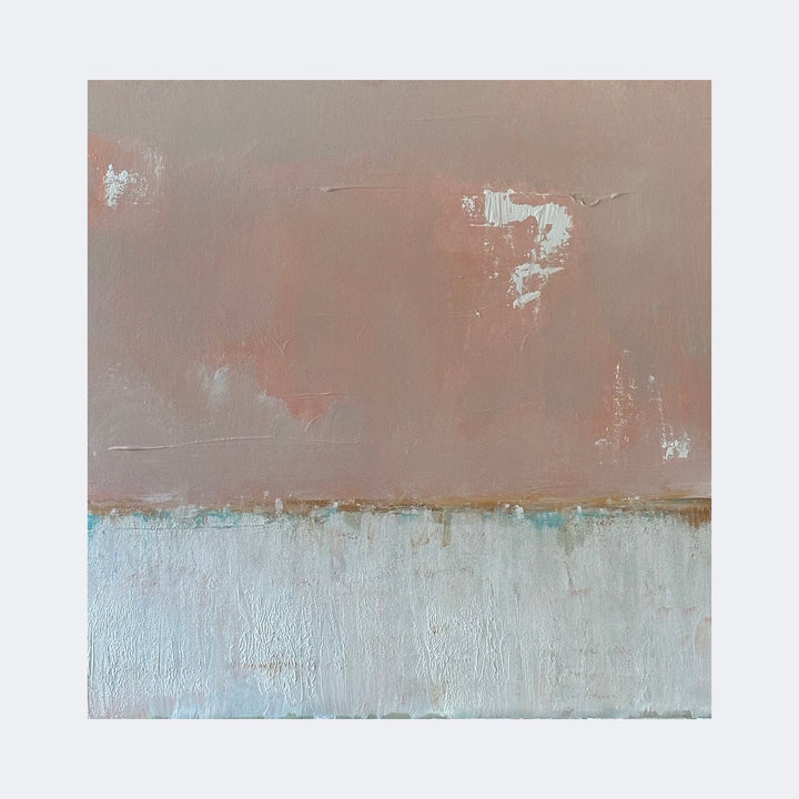 The artwork "Creamsicle Dream" by Tammy Kushnir features a soft, abstract composition with a textured surface divided into two horizontal bands. The upper band is a muted peach-pink with subtle brushstrokes, reminiscent of Mark Rothko's color field paintings. The lower band showcases a pale blue-gray with visible texture and layered paint, evoking a serene, dreamy atmosphere.