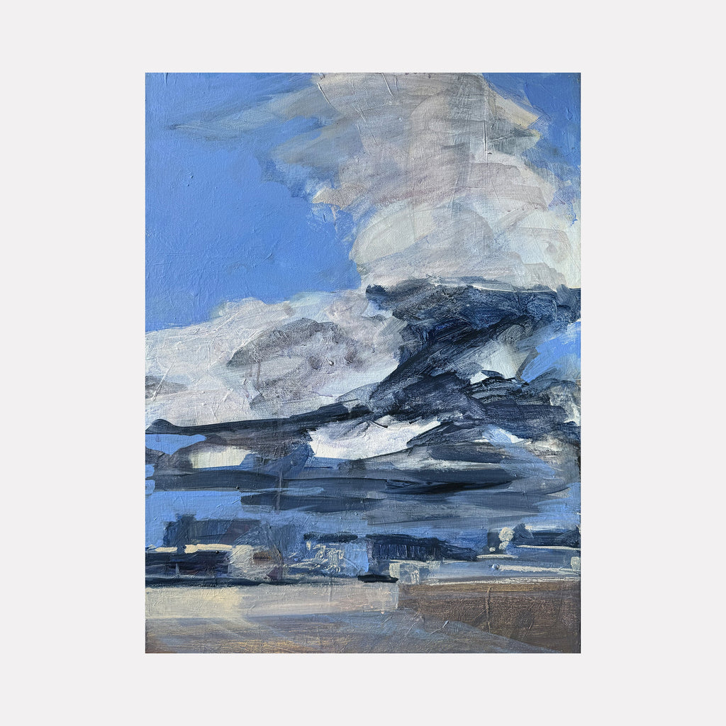 The artwork "Create" by Chris Baily features an abstract landscape with layered brushstrokes in shades of blue, gray, and white. The textured sky and dynamic cloud forms evoke a sense of movement and depth, reminiscent of the atmospheric abstraction found in works by J.M.W. Turner and contemporary expressionists from New York.