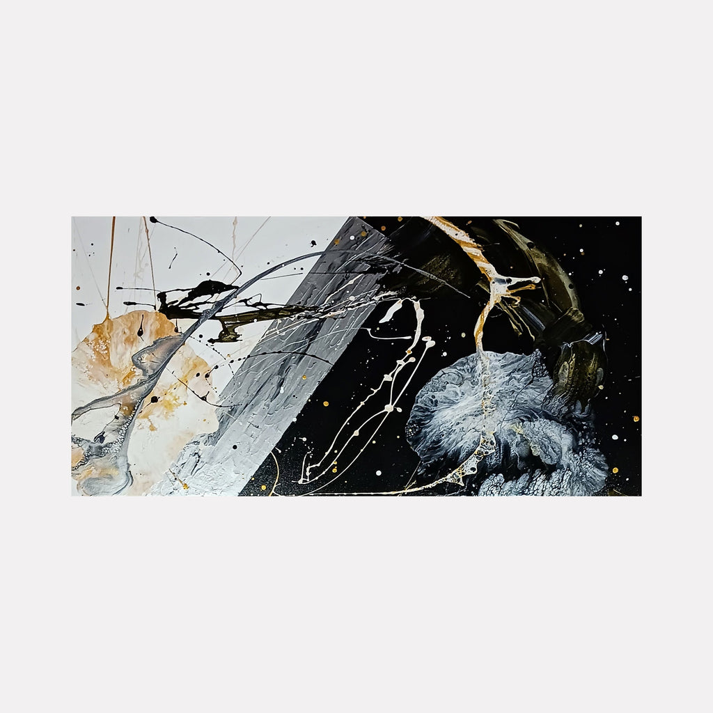 The artwork 'Creation' by Nicholas Franklin features a dynamic abstract composition with bold contrasts of black and white, accented by golden hues. Energetic brushstrokes and splatter techniques create movement across the canvas, suggesting cosmic elements with starlike dots against a dark background. Fluid paint patterns and gestural marks interweave throughout the 48x24 inch acrylic painting.