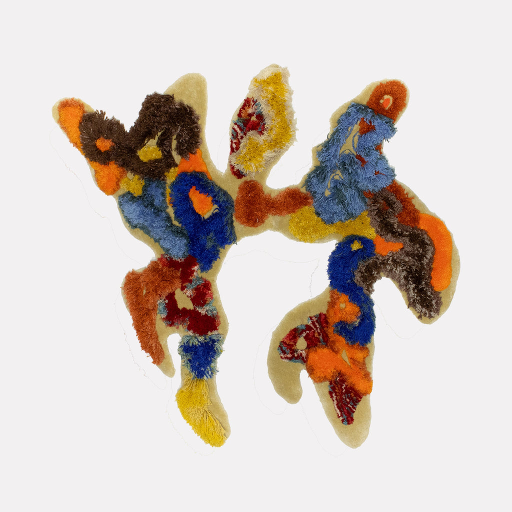 The artwork "Crested Ibis Lovers" by Abigail Henthorne displays an abstract, textured form resembling two intertwined birds with vibrant patches of blue, orange, yellow, and brown on a soft cream background. The organic shapes and bold colors evoke the dynamic abstraction of Joan Miró and the tactile vibrancy of Jean Dubuffet.