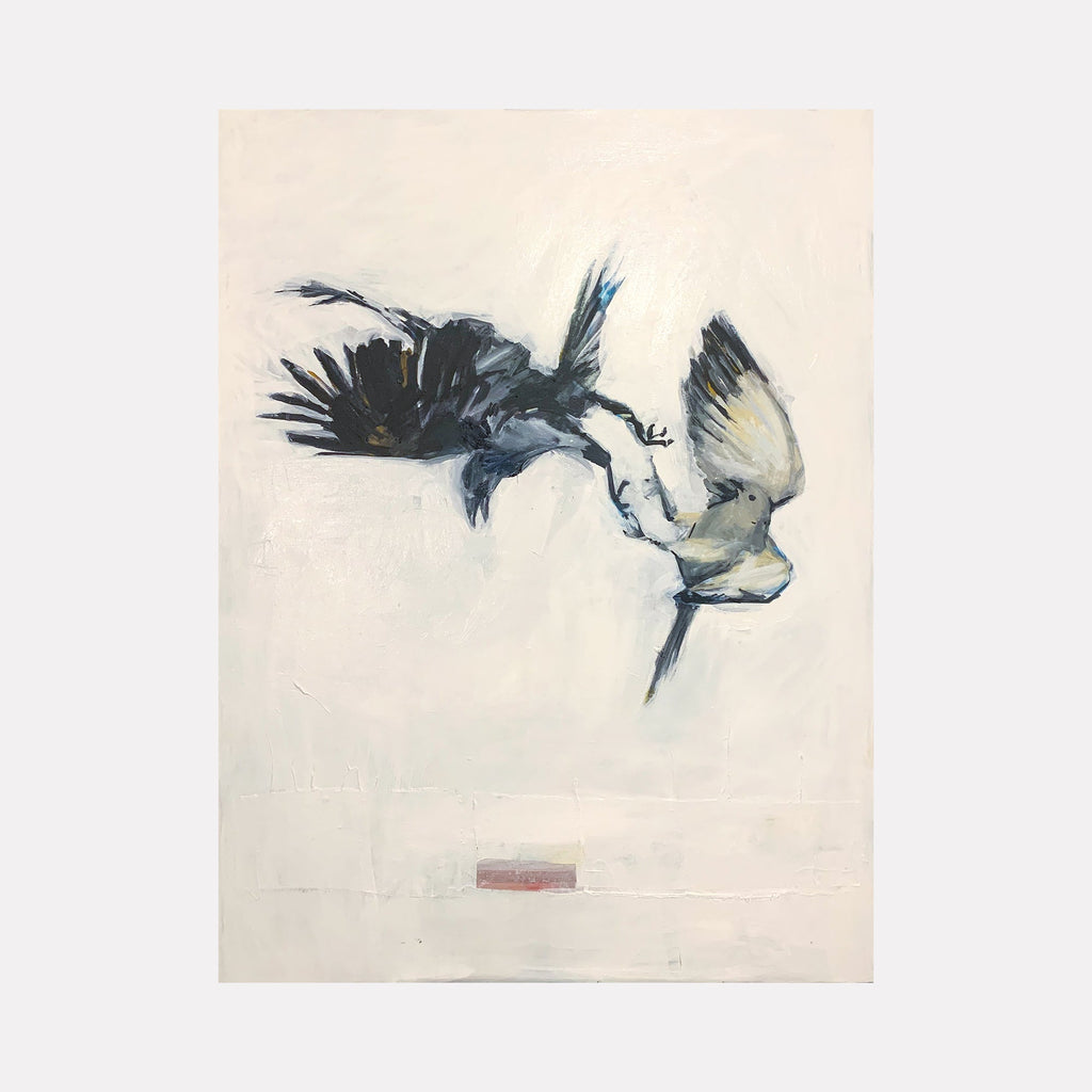 The artwork "Crow and Dove" by Chris Baily features a dynamic depiction of two birds in mid-air, one dark crow and a lighter dove, rendered in muted tones of black, gray, and off-white against a soft, textured background. The expressive brushwork and subtle contrasts evoke the dramatic tension and naturalistic detail reminiscent of works by John James Audubon and the emotive realism of Andrew Wyeth.