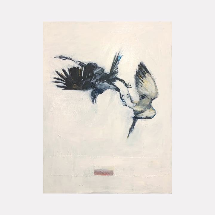 The artwork "Crow and Dove" by Chris Baily features a dynamic depiction of two birds in mid-air, one dark crow and a lighter dove, rendered in muted tones of black, gray, and off-white against a soft, textured background. The expressive brushwork and subtle contrasts evoke the dramatic tension and naturalistic detail reminiscent of works by John James Audubon and the emotive realism of Andrew Wyeth.