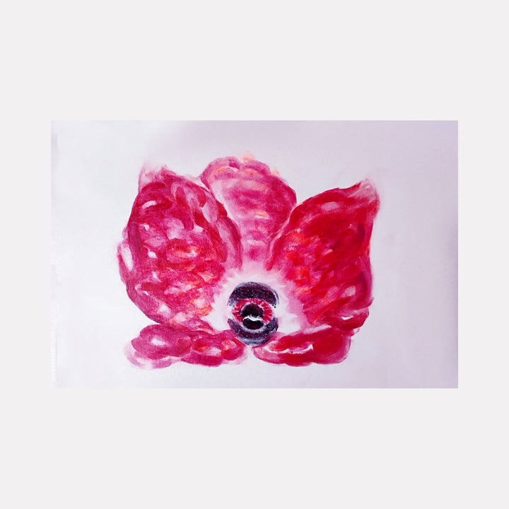 The artwork 'Crown Anemone' by Ronit Levin Delgado features a vibrant pink anemone flower painted in watercolor against a soft white background. The delicate petals display varying shades of magenta and deep rose, with a dark center creating dramatic contrast. The loose, fluid brushstrokes capture the flower's natural, translucent texture.