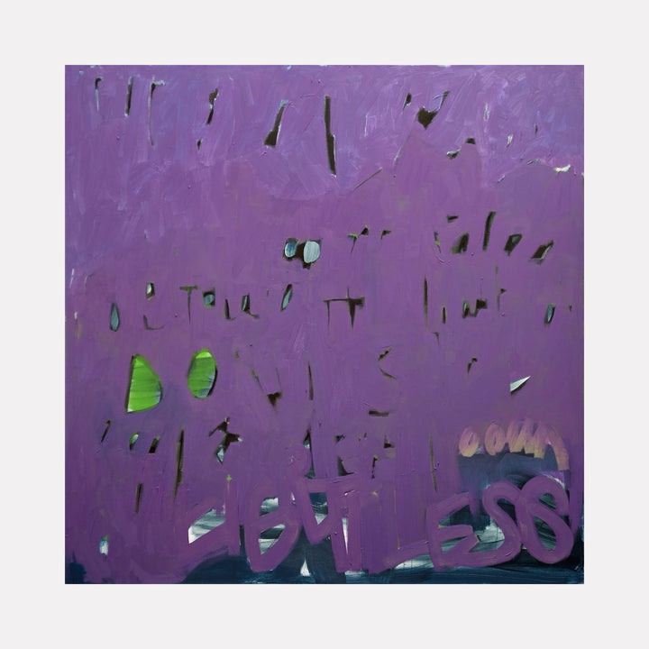 The artwork "Lily & Friends: A Scrim is a Scrim" by Lia Rodi features a textured purple surface with abstract cutouts revealing hints of green, black, and white beneath. The style evokes influences from contemporary abstract expressionism reminiscent of Cy Twombly’s gestural marks and Robert Rauschenberg’s use of layering and negative space, creating a dynamic interplay of color and form.