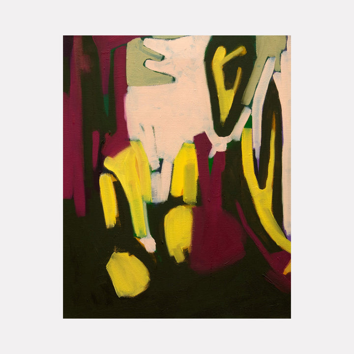 The artwork Aspen Highland by Lia Rodi features bold, abstract shapes with dominant yellow, deep maroon, olive green, and cream tones. The textured brushstrokes evoke a sense of movement reminiscent of the abstract expressionist style of artists like Willem de Kooning and Franz Kline, combining organic forms with striking color contrasts.
