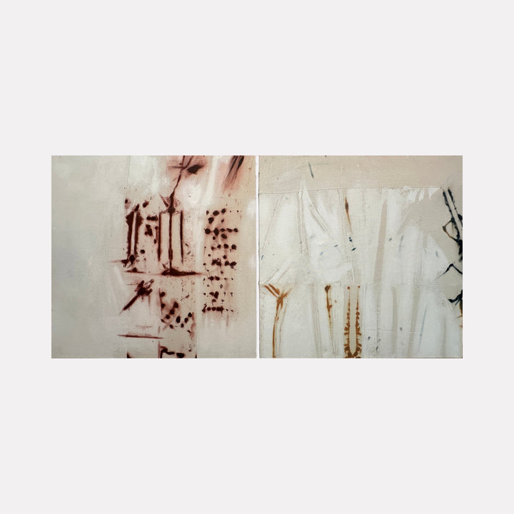 The artwork "Lily & Friends: Beetle Rythms" by Lia Rodi features an abstract diptych with muted beige and off-white backgrounds contrasted by rusty brown and dark linear marks. The textured, layered surfaces evoke a subtle rhythm and natural decay, reminiscent of Cy Twombly’s expressive gestural abstraction and the earthy minimalism of Robert Ryman.