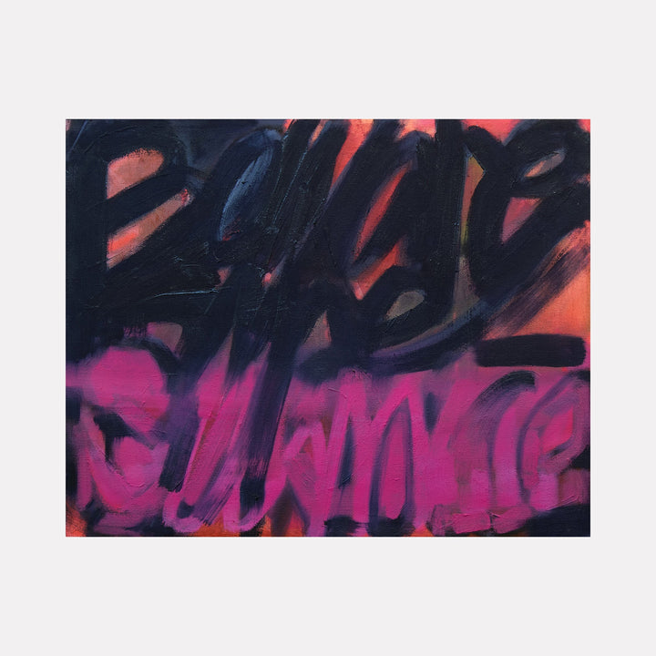 The artwork "Lily & Friends: Beware the Surface" by Lia Rodi features bold, abstract graffiti-style brushstrokes in deep black and vibrant magenta against a fiery orange background. The textured layering and energetic forms evoke a street art aesthetic reminiscent of Jean-Michel Basquiat and Cy Twombly, blending expressive spontaneity with raw urban intensity.
