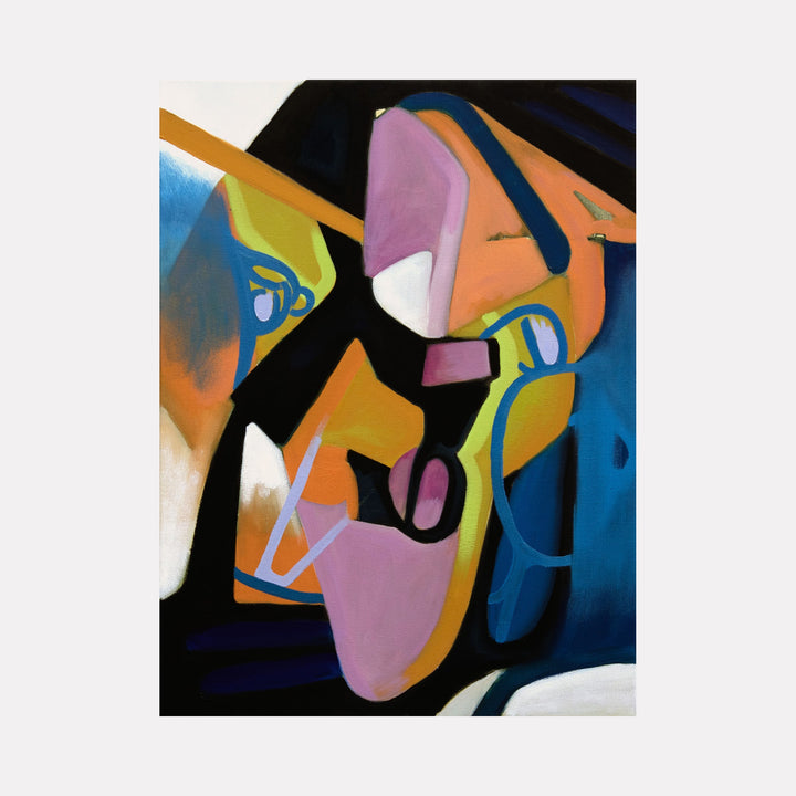 The artwork "Bondage" by Lia Rodi features an abstract composition with bold geometric shapes and contrasting colors including deep blues, vibrant oranges, soft purples, and black. The textured brushwork and fragmented forms evoke the style of Pablo Picasso’s Cubism and Wassily Kandinsky’s abstract expressionism, creating a dynamic, contemplative visual experience.
