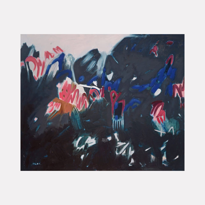 The artwork "Lily & Friends: Convsersing Above and Below" by Lia Rodi features an abstract composition with bold brushstrokes in deep blues, blacks, and vibrant reds. The chaotic yet harmonious shapes evoke a feeling similar to the abstract expressionism of artists like Willem de Kooning, blending textured layers and dynamic movement.