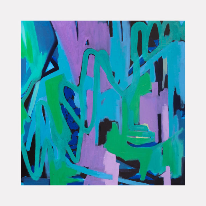 The artwork "D10" by Lia Rodi features an abstract composition with interwoven shapes and bold strokes in vibrant blues, greens, and purples. The piece employs dynamic curves and angular forms, reminiscent of Wassily Kandinsky’s expressive style and the geometric abstraction found in early 20th-century modernist paintings.
